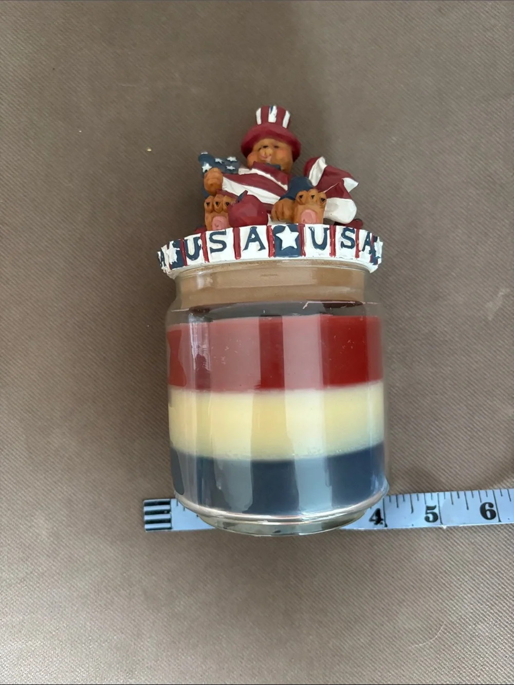 Patriotic Red White Blue Layered Candle Jar with USA Decorative Lid